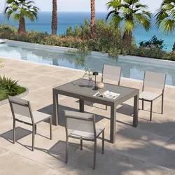 Set pranzo tortora con tavolo 135/270x90 cm top vetro e 4 sedie textilene e alluminio - Carioca