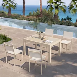 Set pranzo vaniglia con tavolo 135/270x90 cm top vetro e 4 sedie textilene e alluminio - Carioca