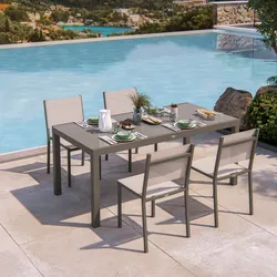 Set pranzo tortora con tavolo 180/240x90 cm top vetro e 4 sedie textilene e alluminio - Carioca