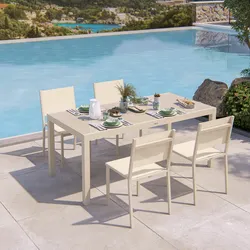 Set pranzo vaniglia con tavolo 180/240x90 cm top vetro e 4 sedie textilene e alluminio - Carioca