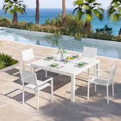 Set pranzo bianco con tavolo 136x136 cm e 4 sedie con braccioli textilene e alluminio - Carioca