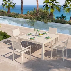 Set pranzo vaniglia con tavolo 136x136 cm e 4 sedie con braccioli textilene e alluminio - Carioca