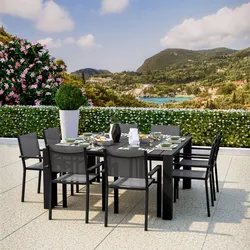 Set pranzo antracite con tavolo 160x160 cm e 8 sedie con braccioli textilene e alluminio - Carioca
