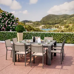 Set pranzo tortora con tavolo 160x160 cm e 8 sedie con braccioli textilene e alluminio - Carioca