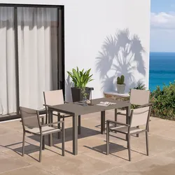 Set pranzo tortora con tavolo 140/210x77 cm e 4 sedie con braccioli textilene e alluminio - Carioca