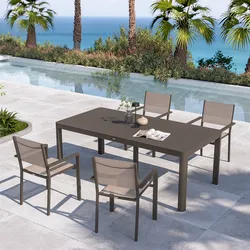 Set pranzo tortora con tavolo 200/260/320x100 cm e 4 sedie con braccioli textilene e alluminio - Carioca