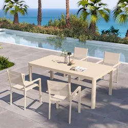 Set pranzo vaniglia con tavolo 200/260/320x100 cm e 4 sedie con braccioli textilene e alluminio - Carioca