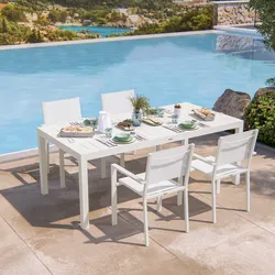 Set pranzo bianco con tavolo 200/313x100 cm e 4 sedie con braccioli textilene e alluminio - Carioca