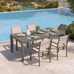 Set pranzo tortora con tavolo 200/313x100 cm e 4 sedie con braccioli textilene e alluminio - Carioca