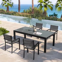 Set pranzo antracite con tavolo 200/300x100 cm top vetro e 4 sedie con braccioli textilene e alluminio - Carioca