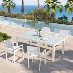 Set pranzo bianco con tavolo 200/300x100 cm top vetro e 4 sedie con braccioli textilene e alluminio - Carioca