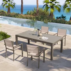 Set pranzo tortora con tavolo 200/300x100 cm top vetro e 4 sedie con braccioli textilene e alluminio - Carioca