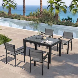Set pranzo antracite con tavolo 135/270x90 cm top vetro e 4 sedie con braccioli textilene e alluminio - Carioca