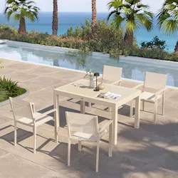 Set pranzo vaniglia con tavolo 135/270x90 cm top vetro e 4 sedie con braccioli textilene e alluminio - Carioca