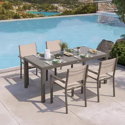 Set pranzo tortora con tavolo 180/240x90 cm top vetro e 4 sedie con braccioli textilene e alluminio - Carioca