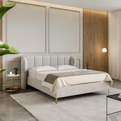 Letto matrimoniale 160x190 cm in tessuto shiny bouclé crema con piedi oro e contenitore - Hadrien