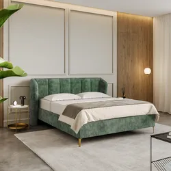 Letto matrimoniale 160x190 cm in tessuto shiny bouclé verde salvia con piedi oro e contenitore - Hadrien