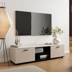 Mobile porta tv 140x37h cm cashmere e nero con 2 ante a ribalta e vano a giorno - Deona