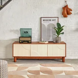 Mobile porta tv 140x51h cm impiallacciato effetto noce con 2 ante 1 cassetto beige e decorazione in rilievo - Hollie