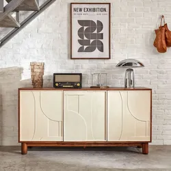 Credenza 150x76h cm impiallacciato effetto noce con 3 ante beige e decorazione in rilievo - Hollie