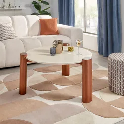 Tavolino rotondo 86 cm in legno impiallacciato effetto noce e top beige - Hollie