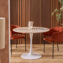 Tavolo rotondo 100 cm con top effetto marmo travertino e struttura in acciaio bianco - Tulipano