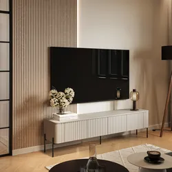 Mobile porta tv 190x50h cm cashmere cannettato 4 ante e gambe in metallo nero con angoli stondati - Niclas