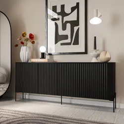 Madia 190x80h cm nero cannettato 4 ante e gambe in metallo nero con angoli stondati - Niclas