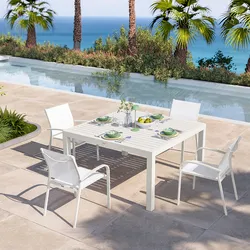 Set pranzo bianco con tavolo 136x136 cm e 4 sedie con braccioli tondi textilene e alluminio - Carioca