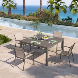 Set pranzo tortora con tavolo 136x136 cm e 4 sedie con braccioli tondi textilene e alluminio - Carioca