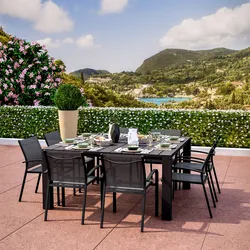 Set pranzo antracite con tavolo 160x160 cm e 8 sedie con braccioli tondi textilene e alluminio - Carioca