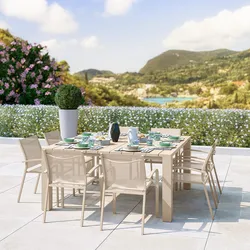 Set pranzo vaniglia con tavolo 160x160 cm e 8 sedie con braccioli tondi textilene e alluminio - Carioca