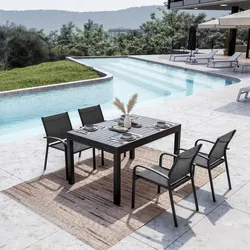 Set pranzo antracite con tavolo 135/270x90 cm e 4 sedie con braccioli tondi textilene e alluminio - Carioca
