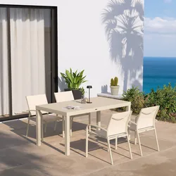 Set pranzo vaniglia con tavolo 160/240x90 cm e 4 sedie con braccioli tondi textilene e alluminio - Carioca