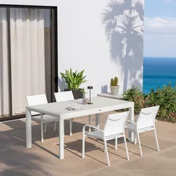 Set pranzo bianco con tavolo 180/240x100 cm e 4 sedie con braccioli tondi textilene e alluminio - Carioca