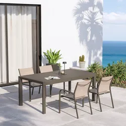 Set pranzo tortora con tavolo 180/240x100 cm e 4 sedie con braccioli tondi textilene e alluminio - Carioca