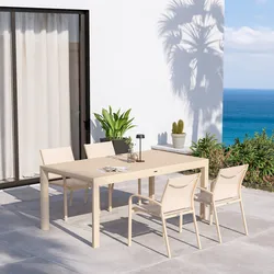 Set pranzo vaniglia con tavolo 180/240x100 cm e 4 sedie con braccioli tondi textilene e alluminio - Carioca