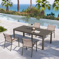 Set pranzo tortora con tavolo 200/260/320x100 cm e 4 sedie con braccioli tondi textilene e alluminio - Carioca