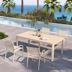 Set pranzo vaniglia con tavolo 200/260/320x100 cm e 4 sedie con braccioli tondi textilene e alluminio - Carioca