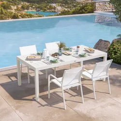 Set pranzo bianco con tavolo 200/313x100 cm e 4 sedie con braccioli tondi textilene e alluminio - Carioca