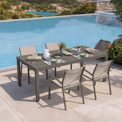 Set pranzo tortora con tavolo 200/313x100 cm e 4 sedie con braccioli tondi textilene e alluminio - Carioca