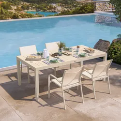 Set pranzo vaniglia con tavolo 200/313x100 cm e 4 sedie con braccioli tondi textilene e alluminio - Carioca