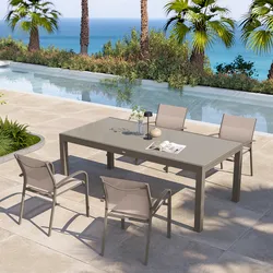 Set pranzo tortora con tavolo 200/300x100 cm top vetro e 4 sedie con braccioli tondi textilene e alluminio - Carioca