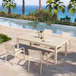 Set pranzo vaniglia con tavolo 200/300x100 cm top vetro e 4 sedie con braccioli tondi textilene e alluminio - Carioca