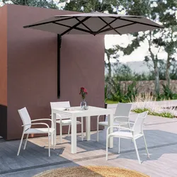 Set pranzo bianco con tavolo 90/180x90 cm e 4 sedie con braccioli tondi textilene e alluminio - Carioca