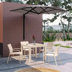 Set pranzo vaniglia con tavolo 90/180x90 cm e 4 sedie con braccioli tondi textilene e alluminio - Carioca