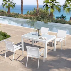 Set pranzo bianco con tavolo 135/270x90 cm top vetro e 4 sedie con braccioli tondi textilene e alluminio - Carioca
