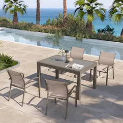 Set pranzo tortora con tavolo 135/270x90 cm top vetro e 4 sedie con braccioli tondi textilene e alluminio - Carioca