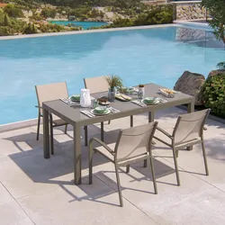 Set pranzo tortora con tavolo 180/240x90 cm top vetro e 4 sedie con braccioli tondi textilene e alluminio - Carioca