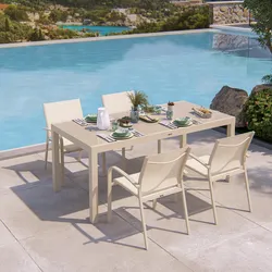 Set pranzo vaniglia con tavolo 180/240x90 cm top vetro e 4 sedie con braccioli tondi textilene e alluminio - Carioca